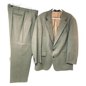 Ralph Lauren Chaps 2 PC Suit Men 46T Wool‎ Lt Brown Herringbone Pleats 38 x 30.5